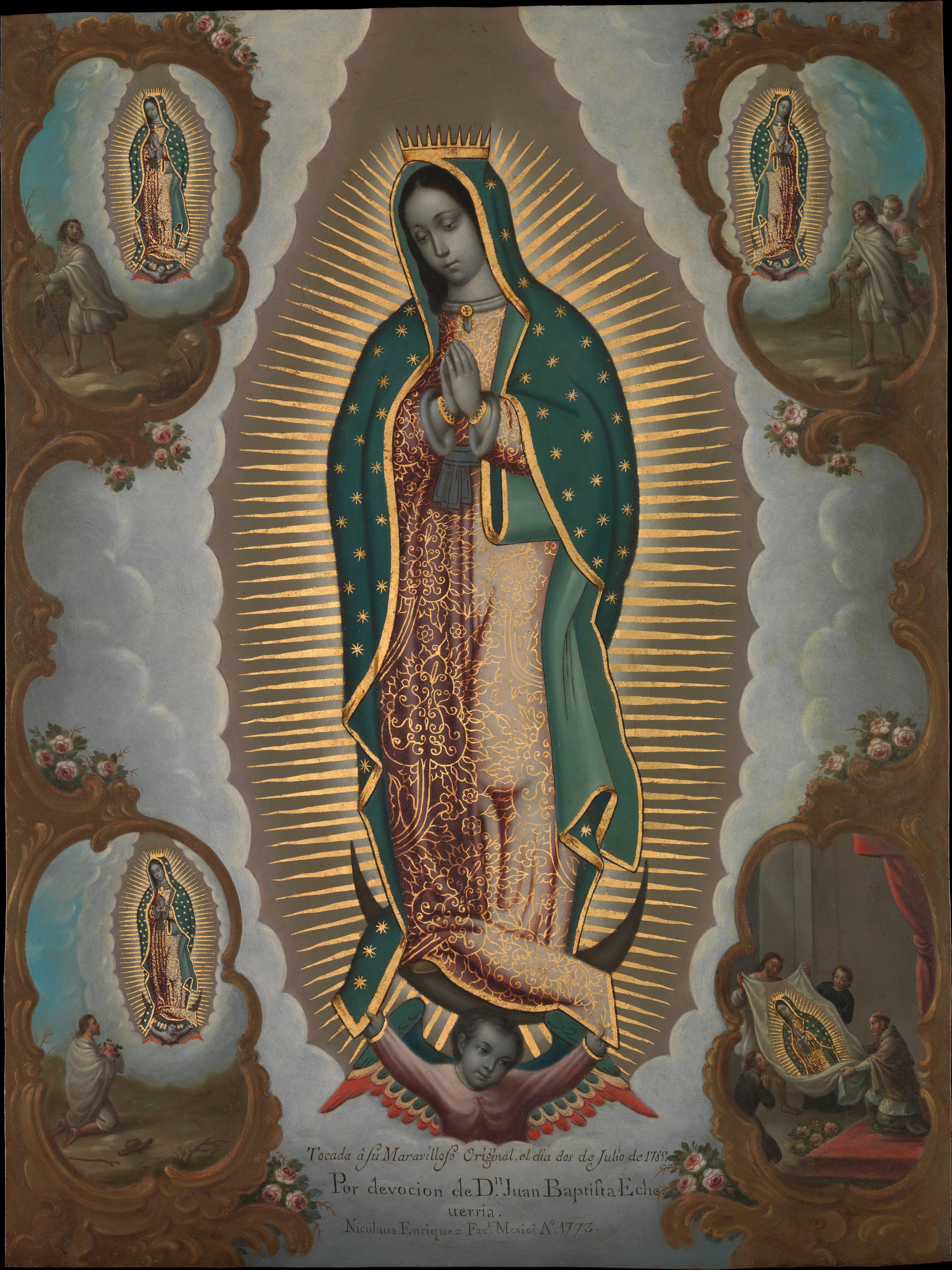 Nicolás Enríquez's 1773 painting of the Virgin of Guadalupe with four surrounding apparition scenes