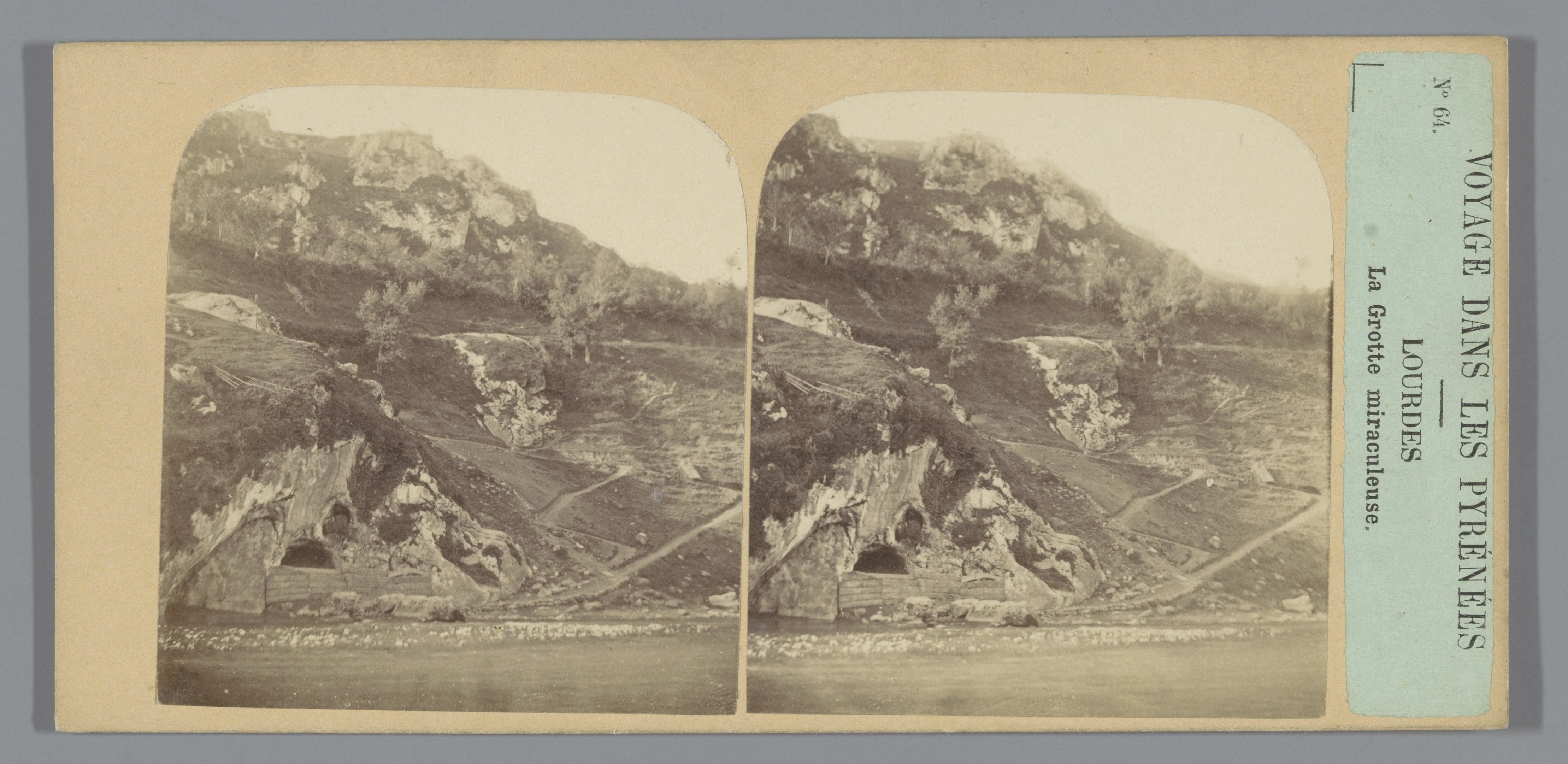 Two-view 1858 stereograph of Massabielle Grotto at Lourdes on its original printed mount
