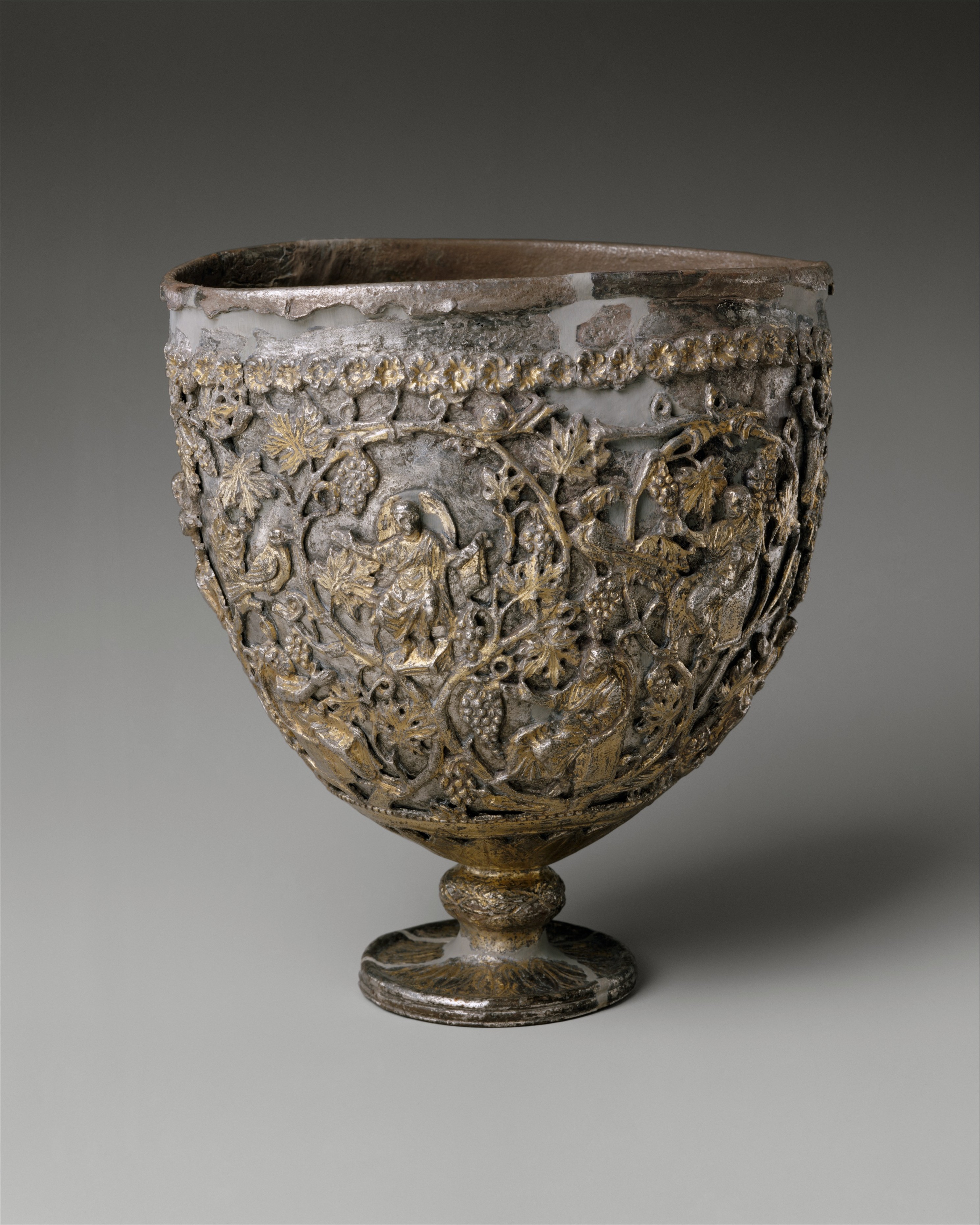Sixth-century gilded silver object known as the Antioch Chalice, now considered more likely a standing lamp