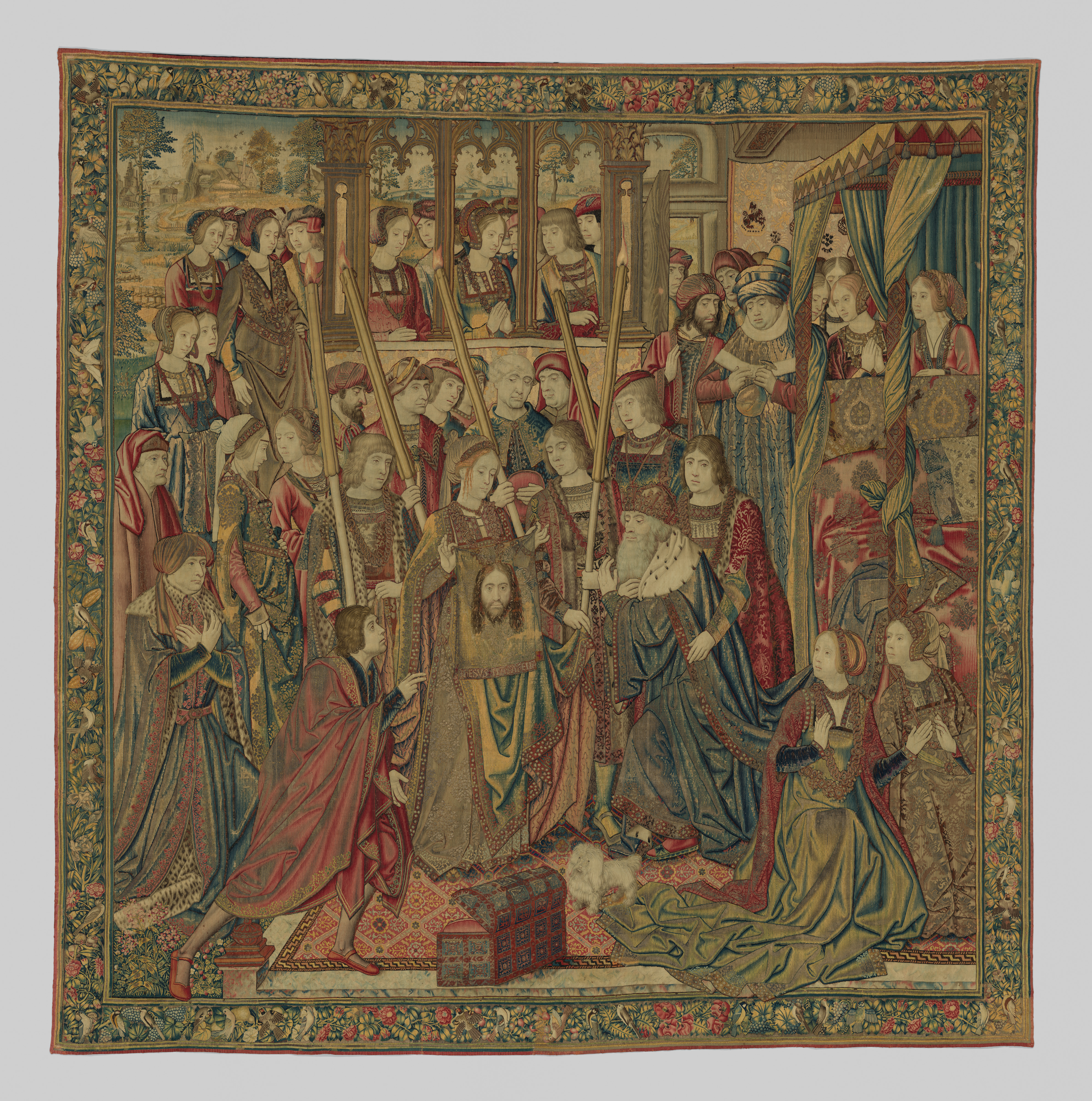 Large Flemish tapestry from about 1510 showing Veronica presenting the veil to the kneeling emperor Vespasian