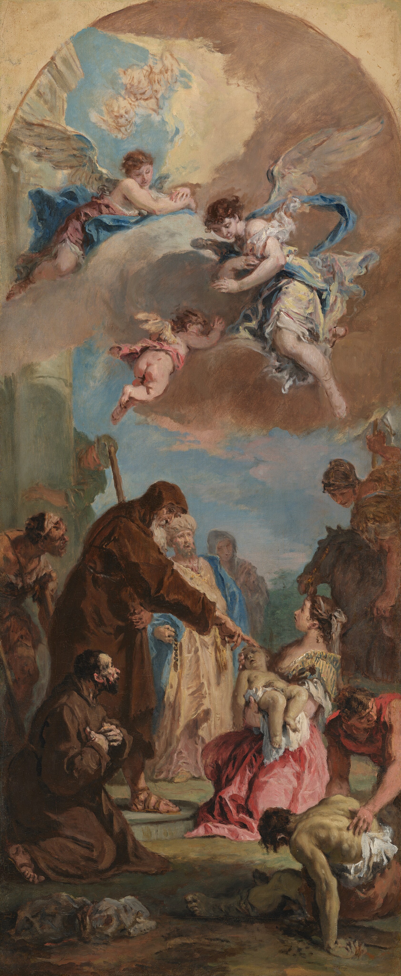 Sebastiano Ricci's tall 1733 painting of Saint Francis of Paola touching a child held before a crowd beneath angels
