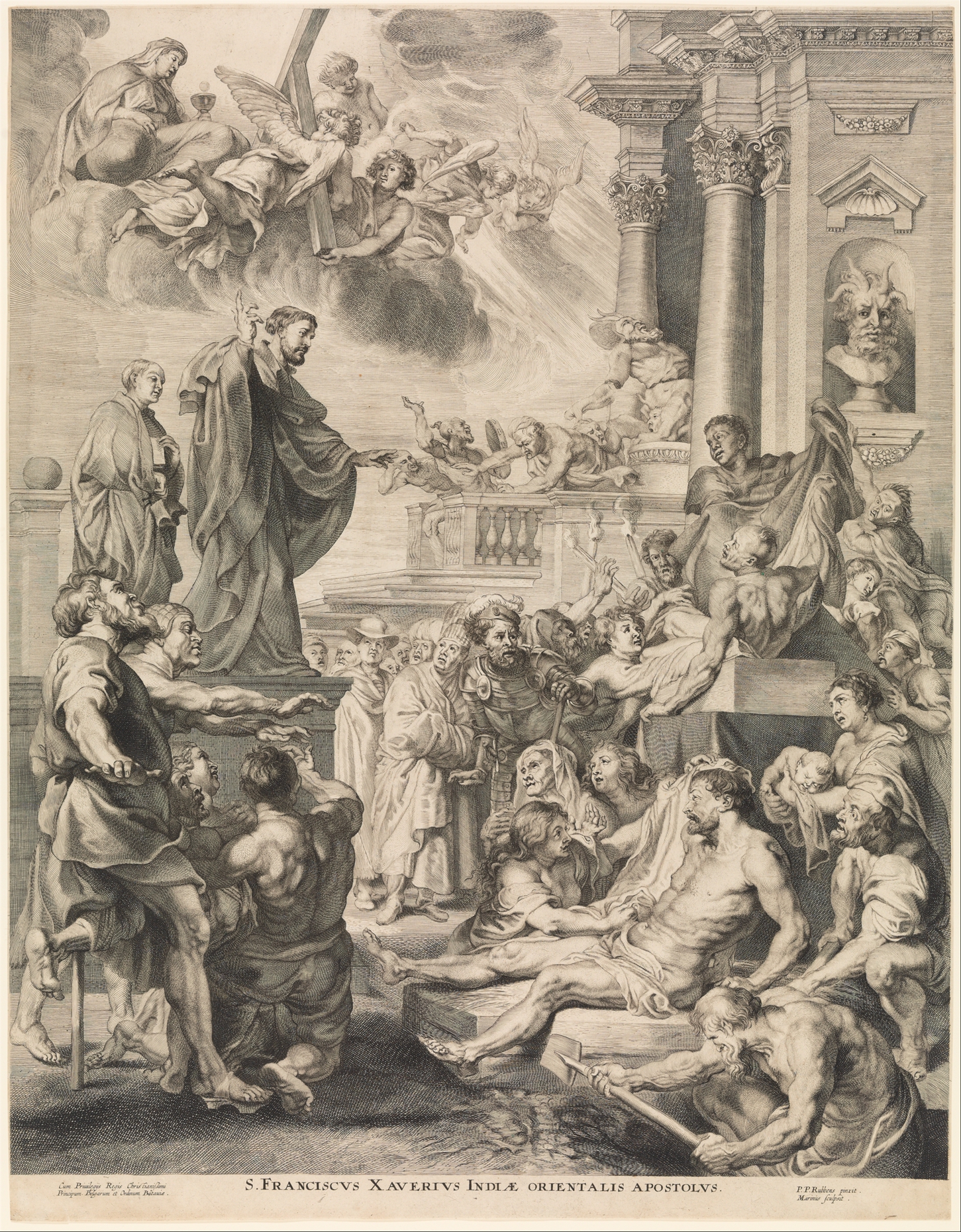 Seventeenth-century engraving after Rubens showing Saint Francis Xavier amid dramatic healing and revival scenes