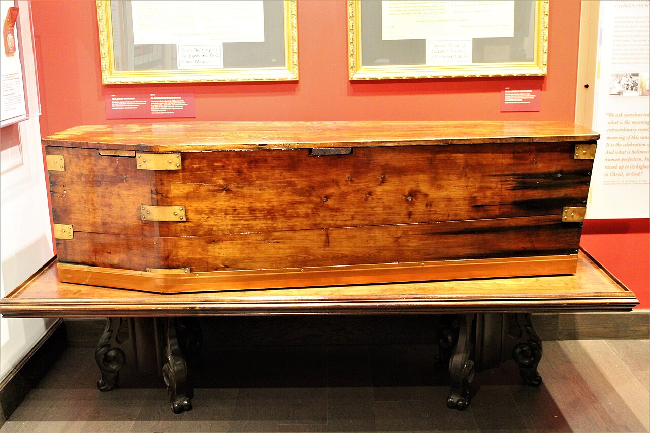 A casket identified as John Neumann’s second casket in the shrine museum