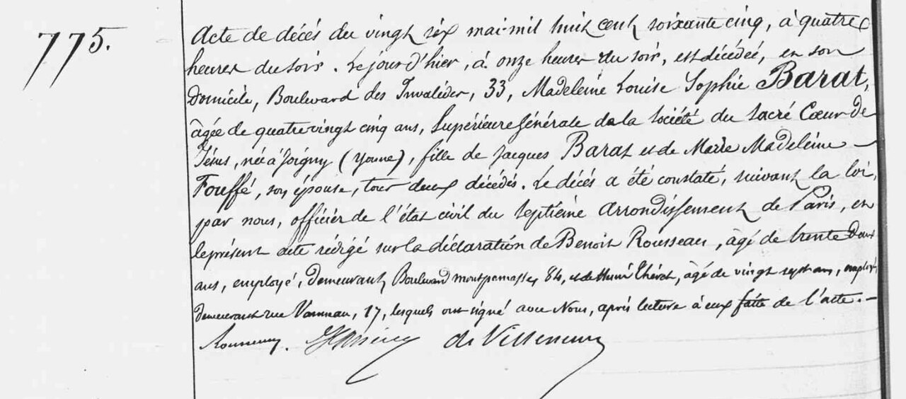 The 1865 death record of Madeleine Sophie Barat
