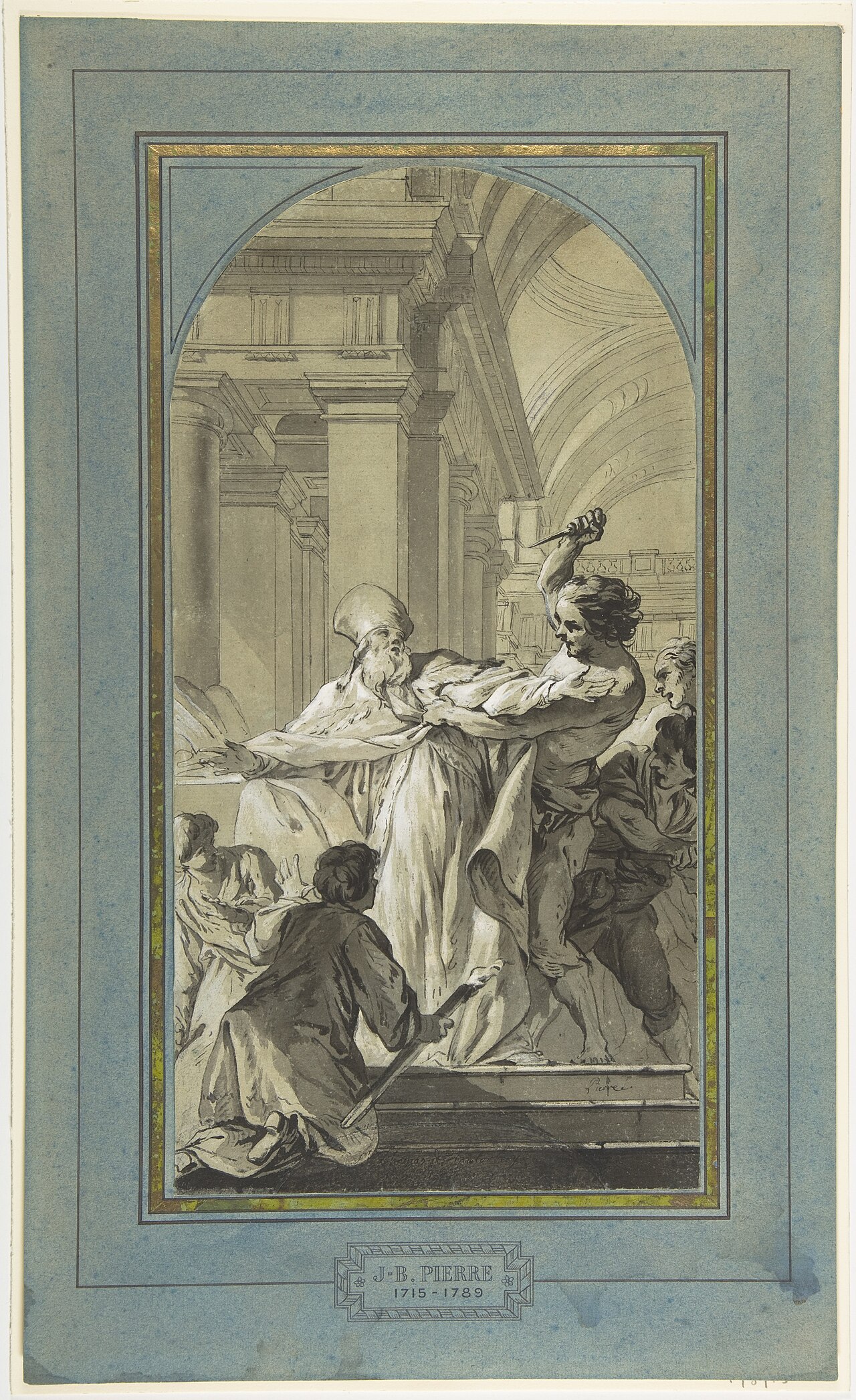 Eighteenth-century drawing showing the attack on Thomas Becket in a church.