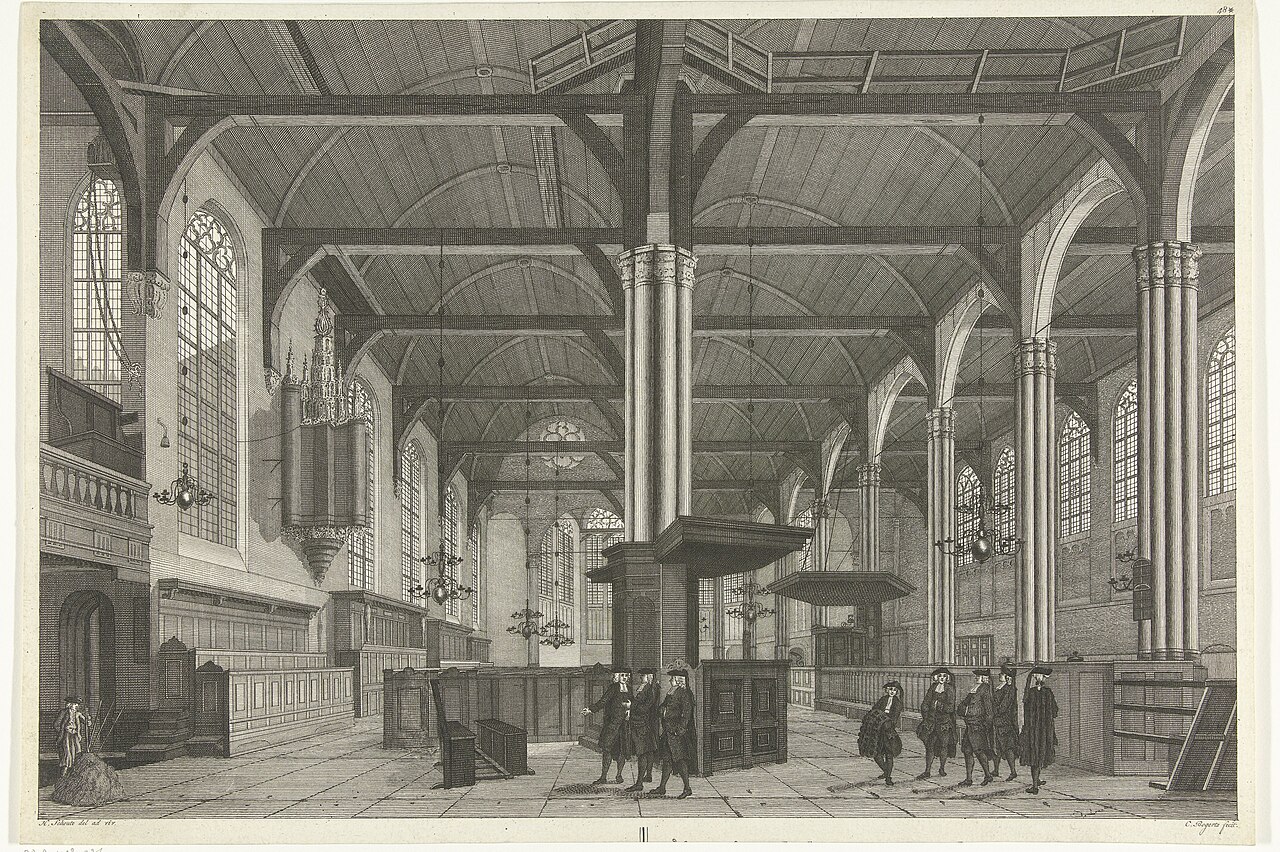 Historic print of the interior of Amsterdam’s former Nieuwezijds Kapel, from the Rijksmuseum collection