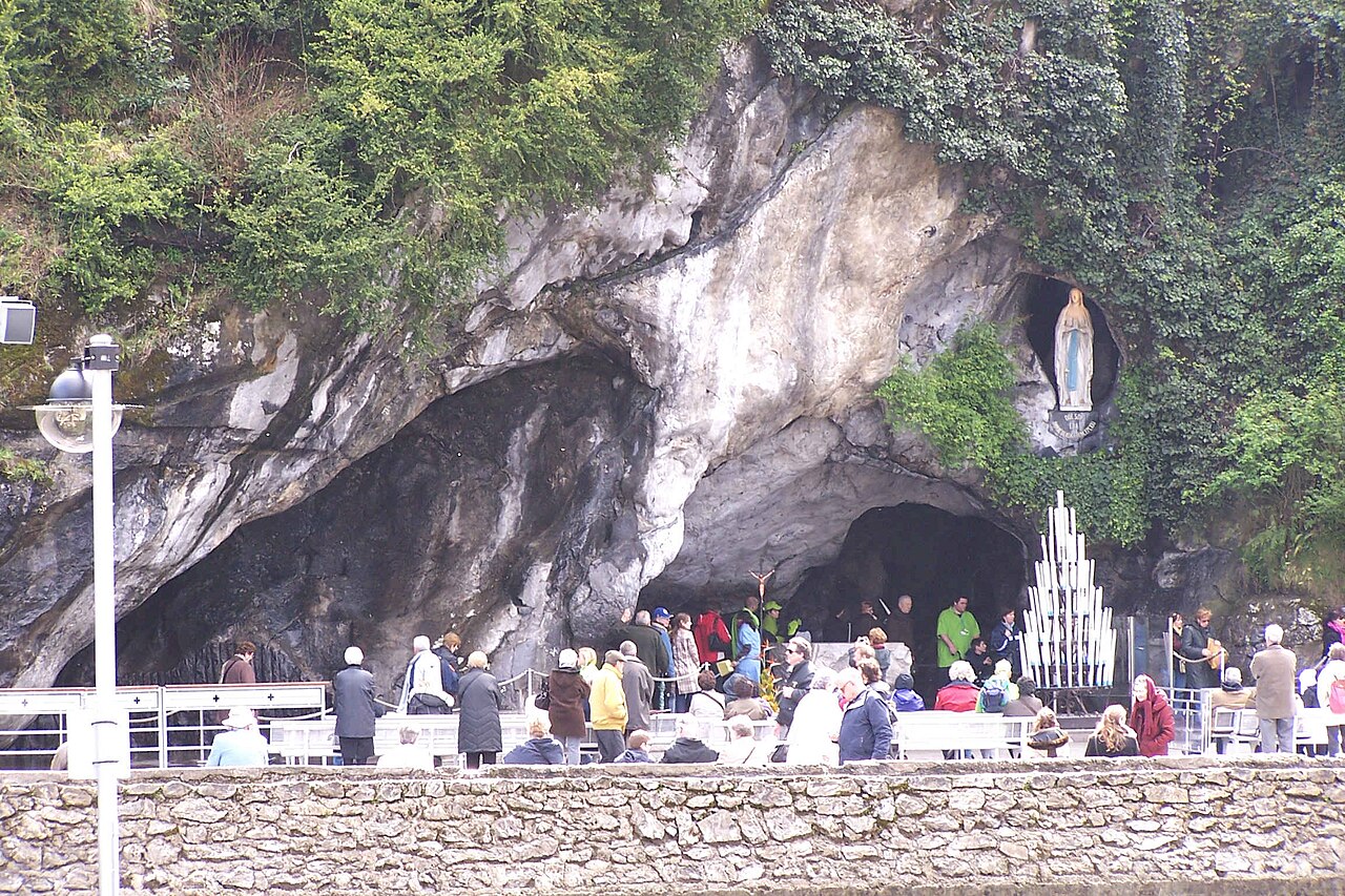 The Grotto of Massabielle at Lourdes, viewed from across the River Gave
