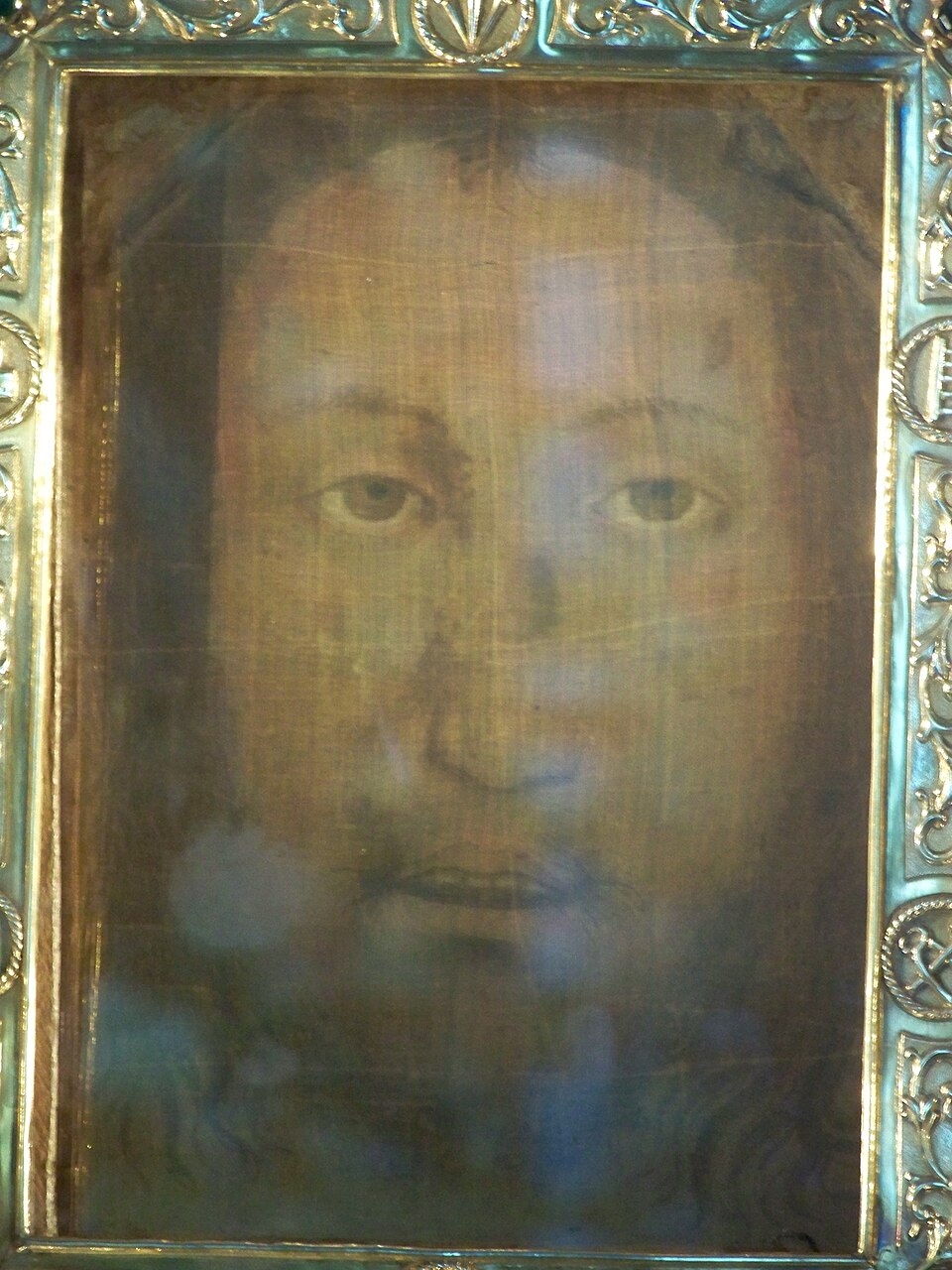 A close view of the face image on the veil displayed at Manoppello