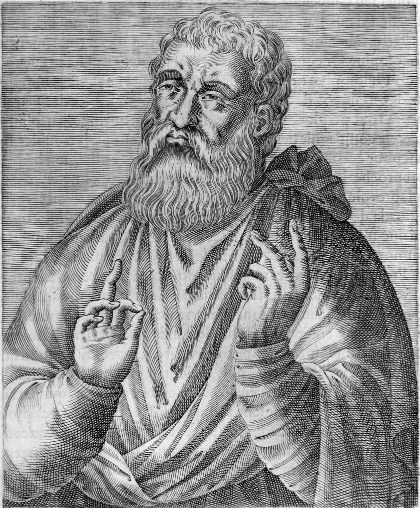 Engraved portrait of Justin Martyr with a book and raised hand.