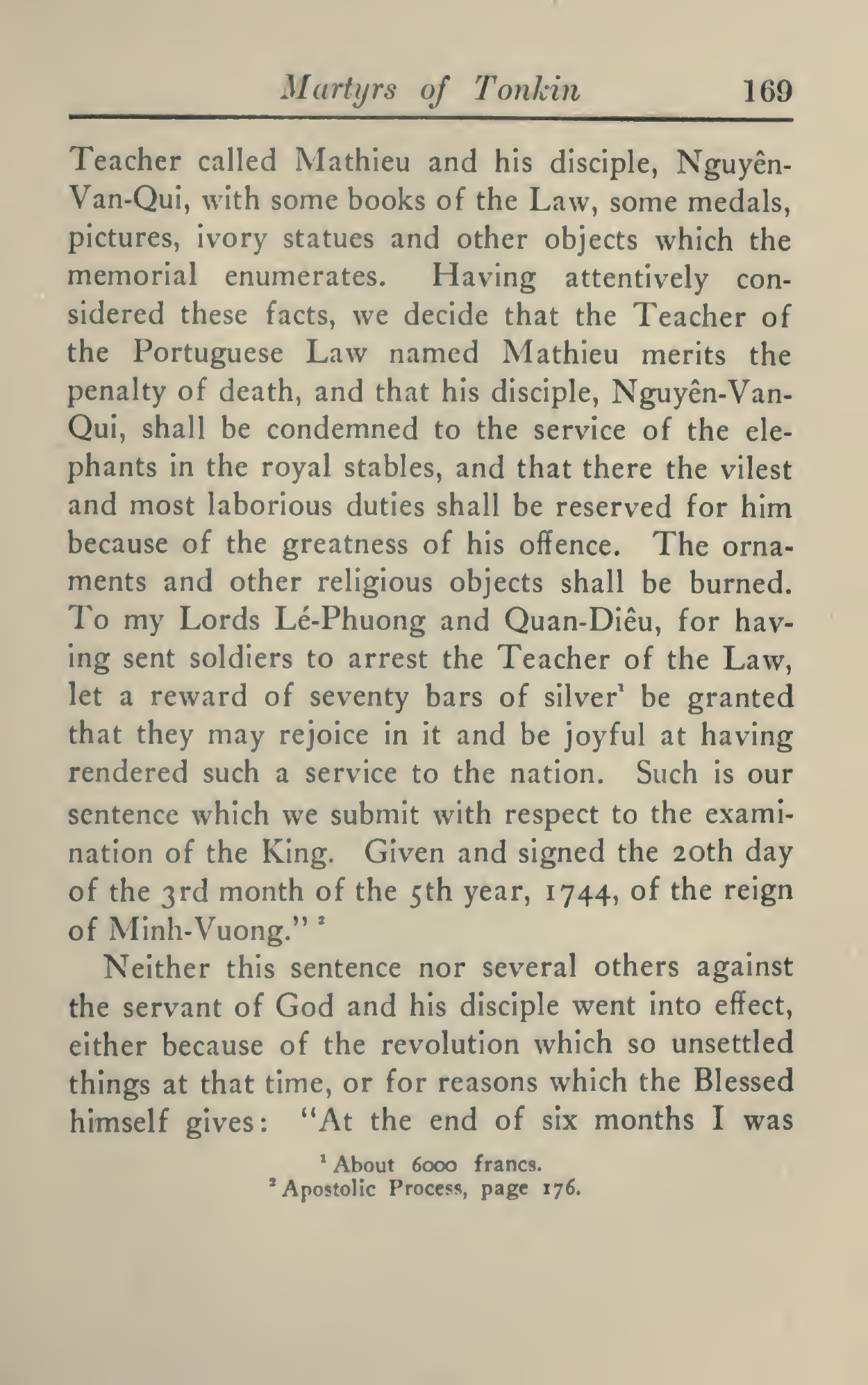 Printed page 169 of Lives of Four Martyrs of Tonkin, reproducing a 1744 sentence against Mathieu and Nguyễn Văn Qui.