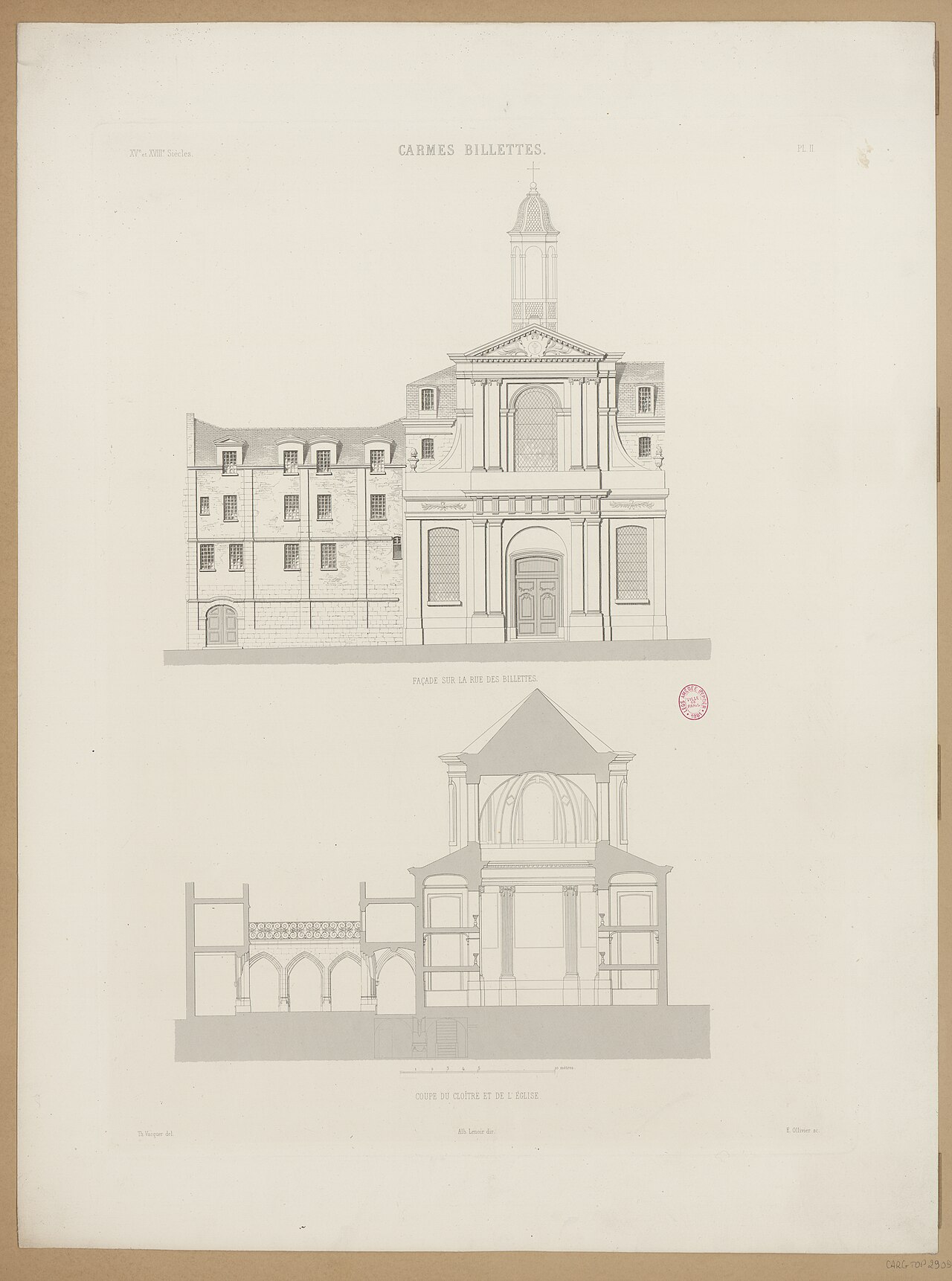 Historic engraved elevation and cross-section of the Billettes church and cloister, from the Paris Musées collection