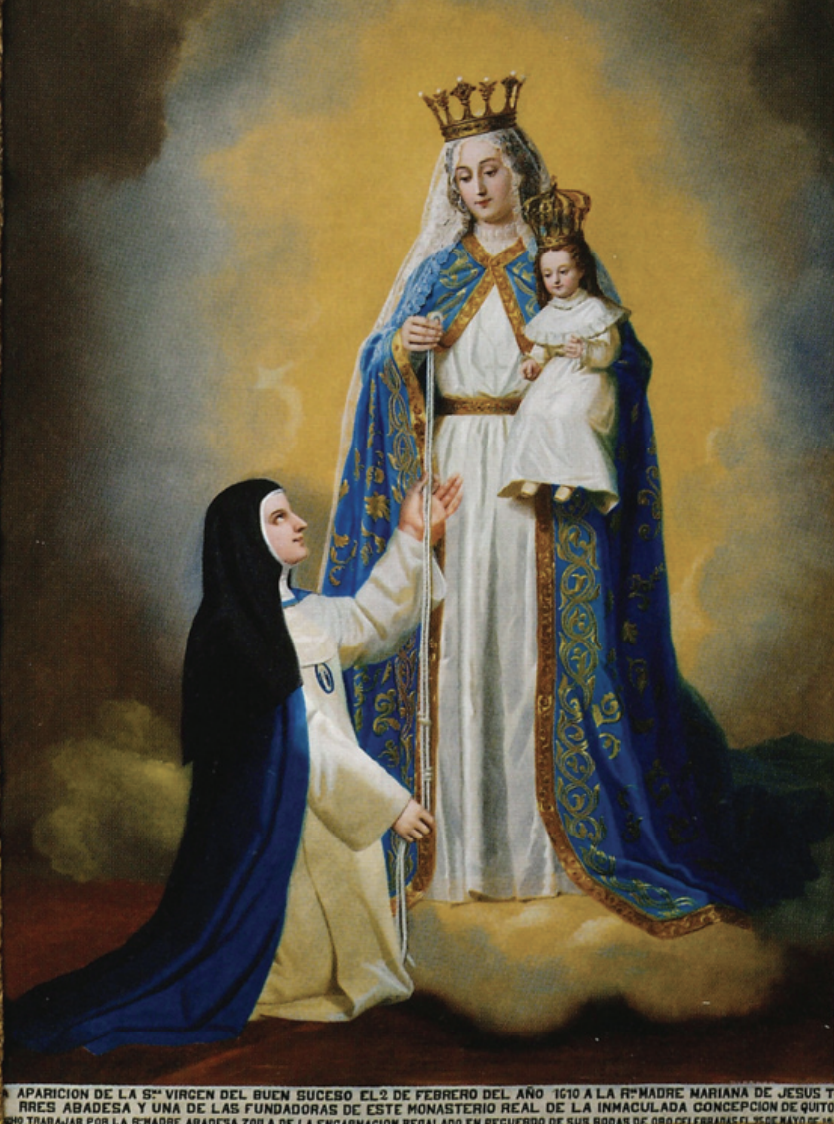 Historical painting of Mariana de Jesús Torres kneeling beside the Virgin Mary and infant Jesus.