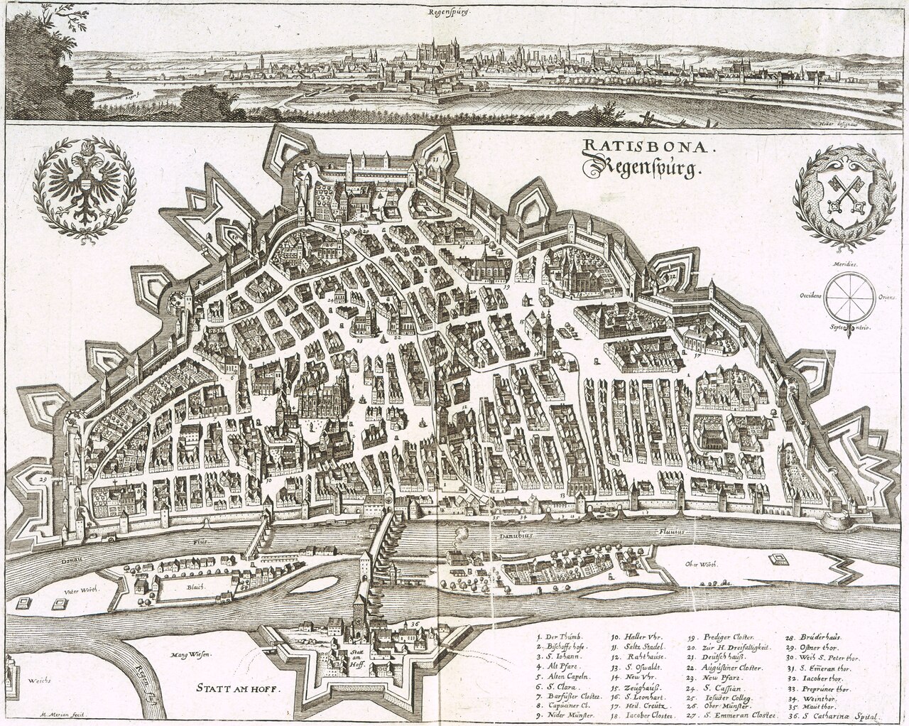 A historic plan of Regensburg, attributed to Hollar and Merian and dated circa 1644 in the source catalogue