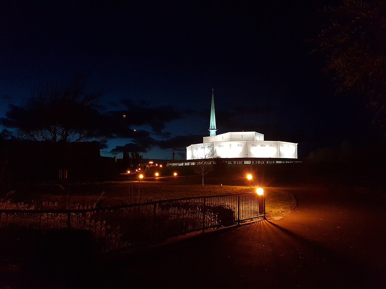 The basilica at Knock Shrine illuminated at night