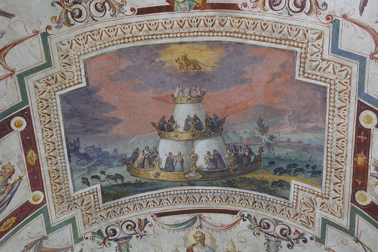 The decorated ceiling of the Sistine Hall in the Vatican Library
