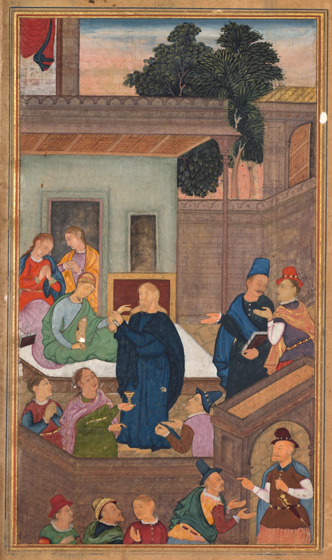 Mughal manuscript painting of Jesus holding the hand of Jairus’s daughter on a bed amid onlookers.