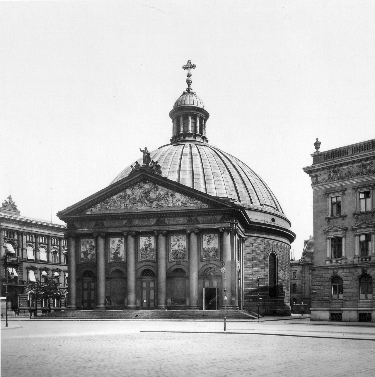 Historical photograph of the domed facade of St. Hedwig’s Church in Berlin.