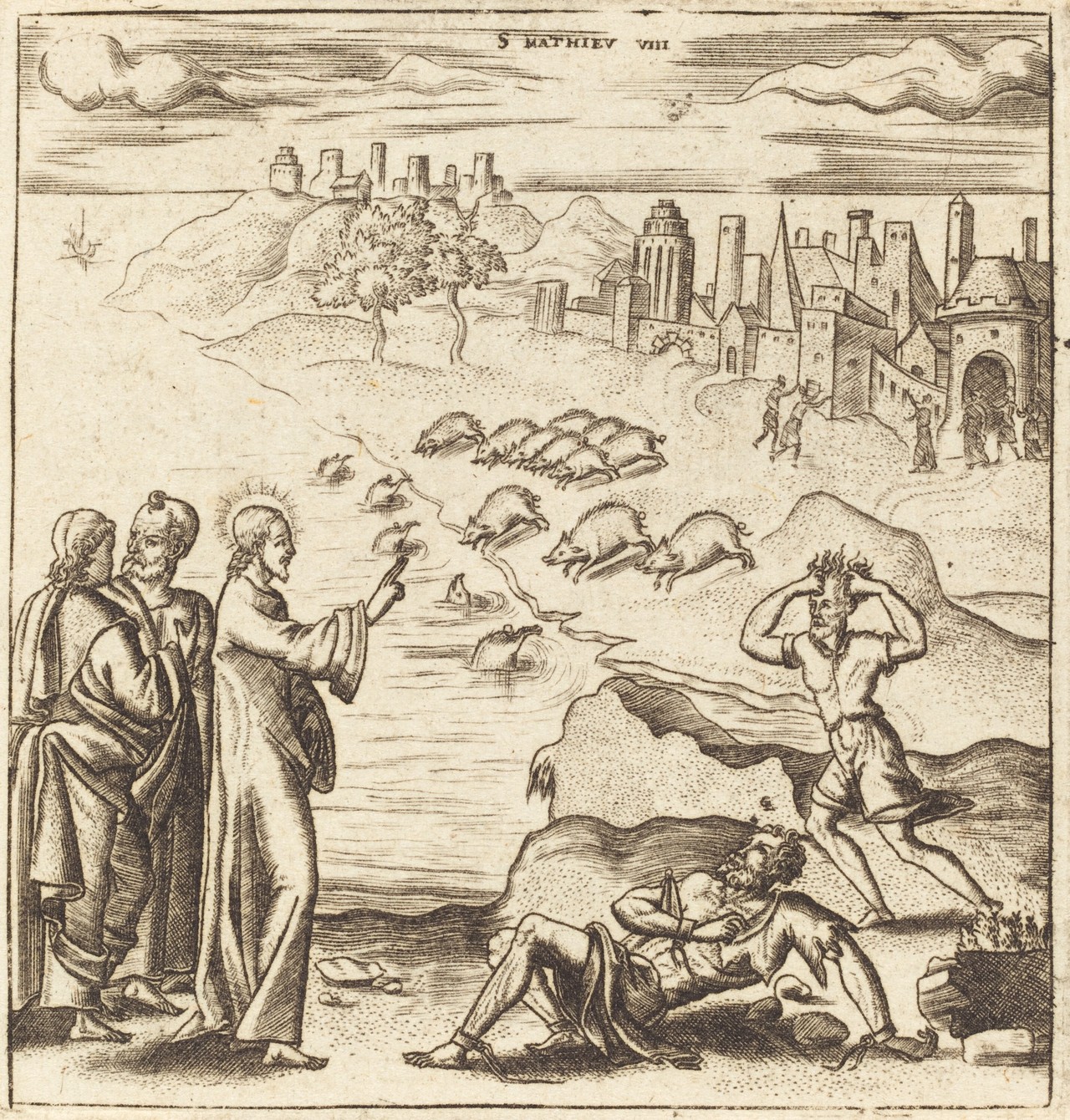 Gaultier engraving of Jesus facing two distressed men, with pigs running down a bank into water.
