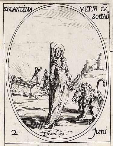 Engraving of Blandina with a lion and martyrdom scenes.