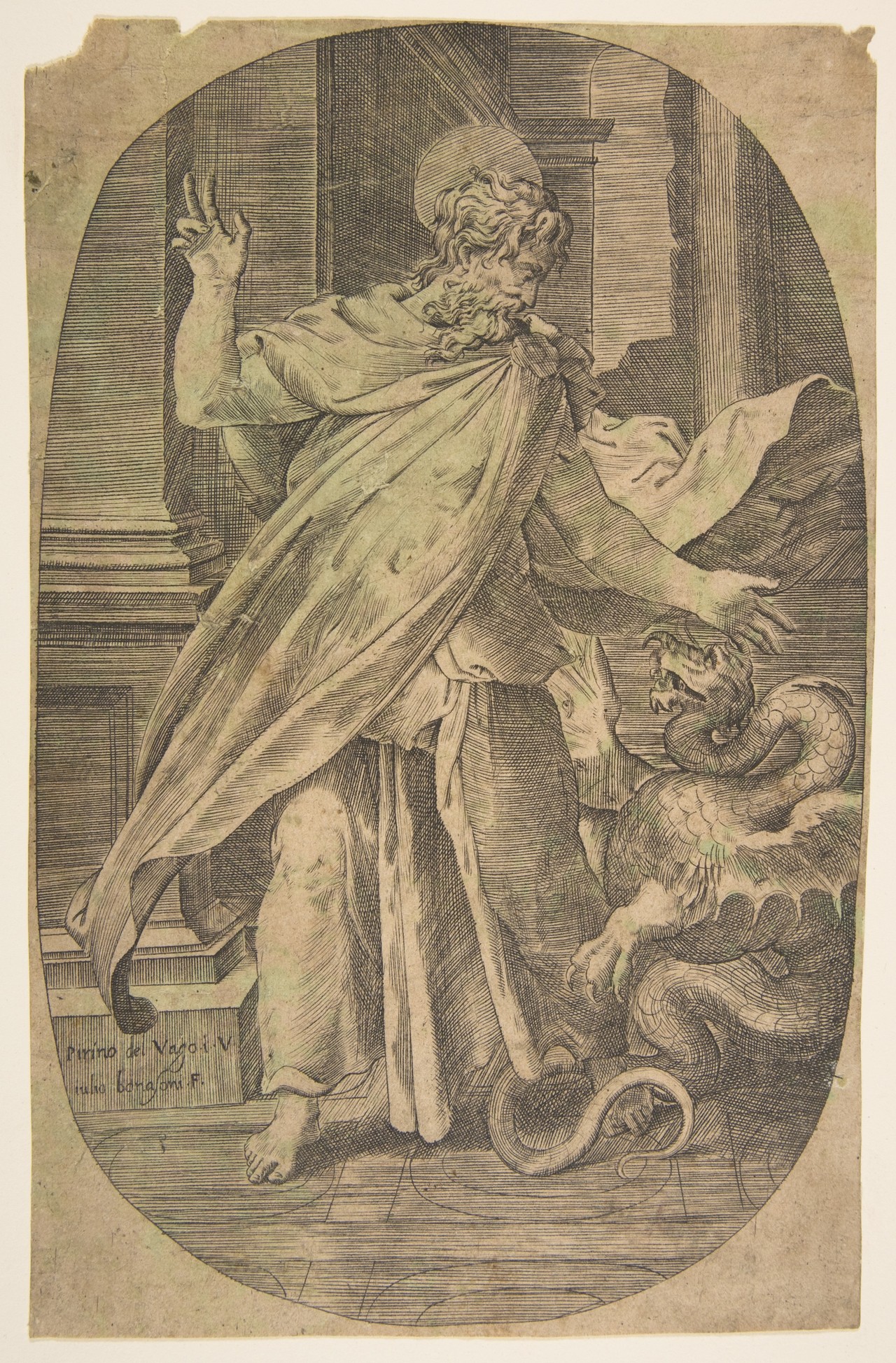 Renaissance engraving of Paul extending his hand over an imaginative winged serpent in an oval architectural setting.