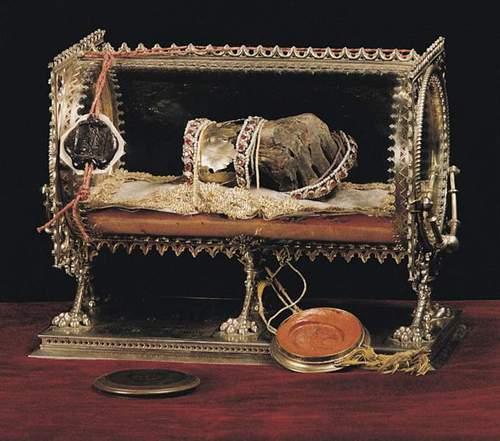 The displayed Holy Right Hand associated with Saint Stephen of Hungary in its glass reliquary