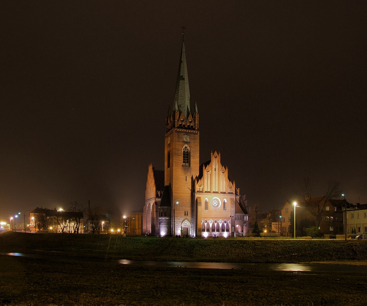 Saint Hyacinth Church in Legnica, photographed at night