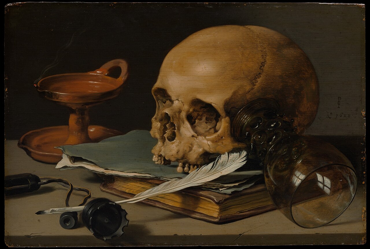 Pieter Claesz’s Still Life with a Skull and a Writing Quill, a vanitas painting reflecting on mortality