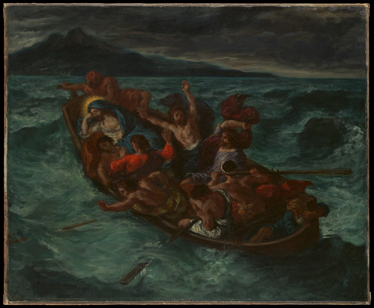 Delacroix painting of Jesus asleep in a small boat while companions struggle in rough green water.
