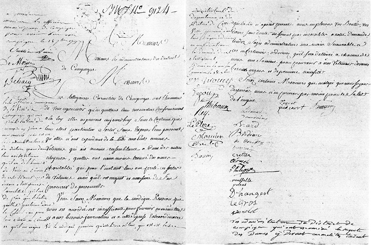 Facsimile of a two-page handwritten petition with signatures associated with the Carmelite women of Compiègne.