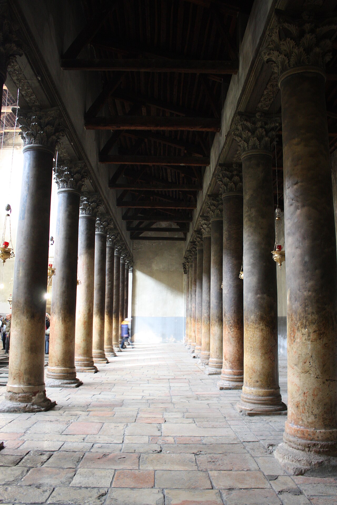 An aisle and its columns inside the Church of the Nativity in Bethlehem