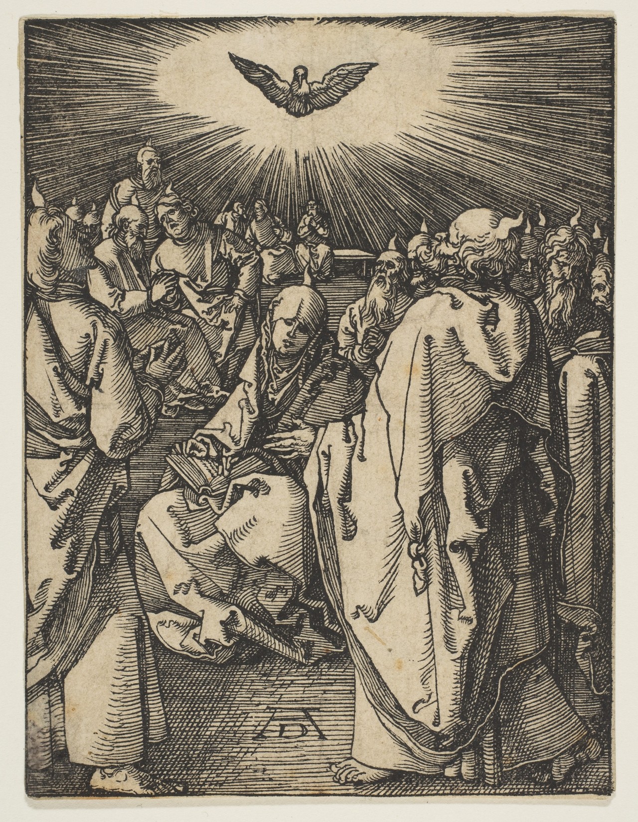 Dürer woodcut of gathered disciples with flame shapes above their heads and a dove overhead.
