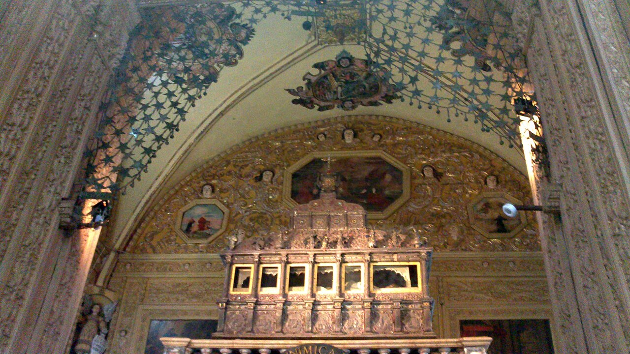 A wide view of the casket associated with Francis Xavier at Bom Jesus in Goa
