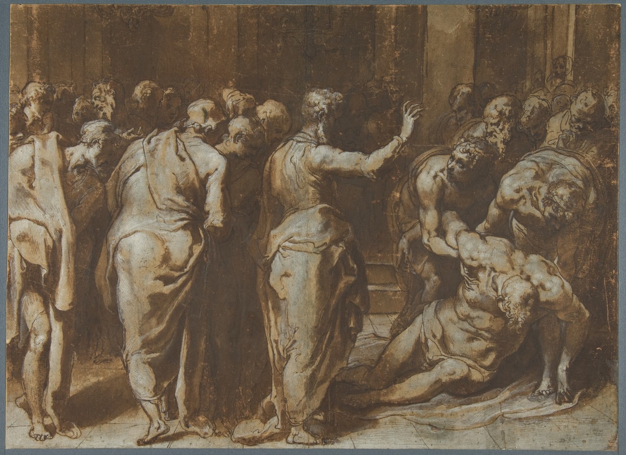 Brown-wash drawing of Paul gesturing toward Eutychus, supported by attendants at the right.