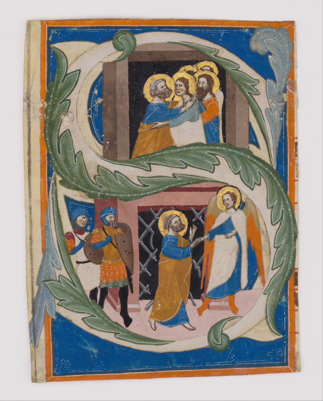 Illuminated letter S showing an angel leading Peter from prison below and a reunion with disciples above.