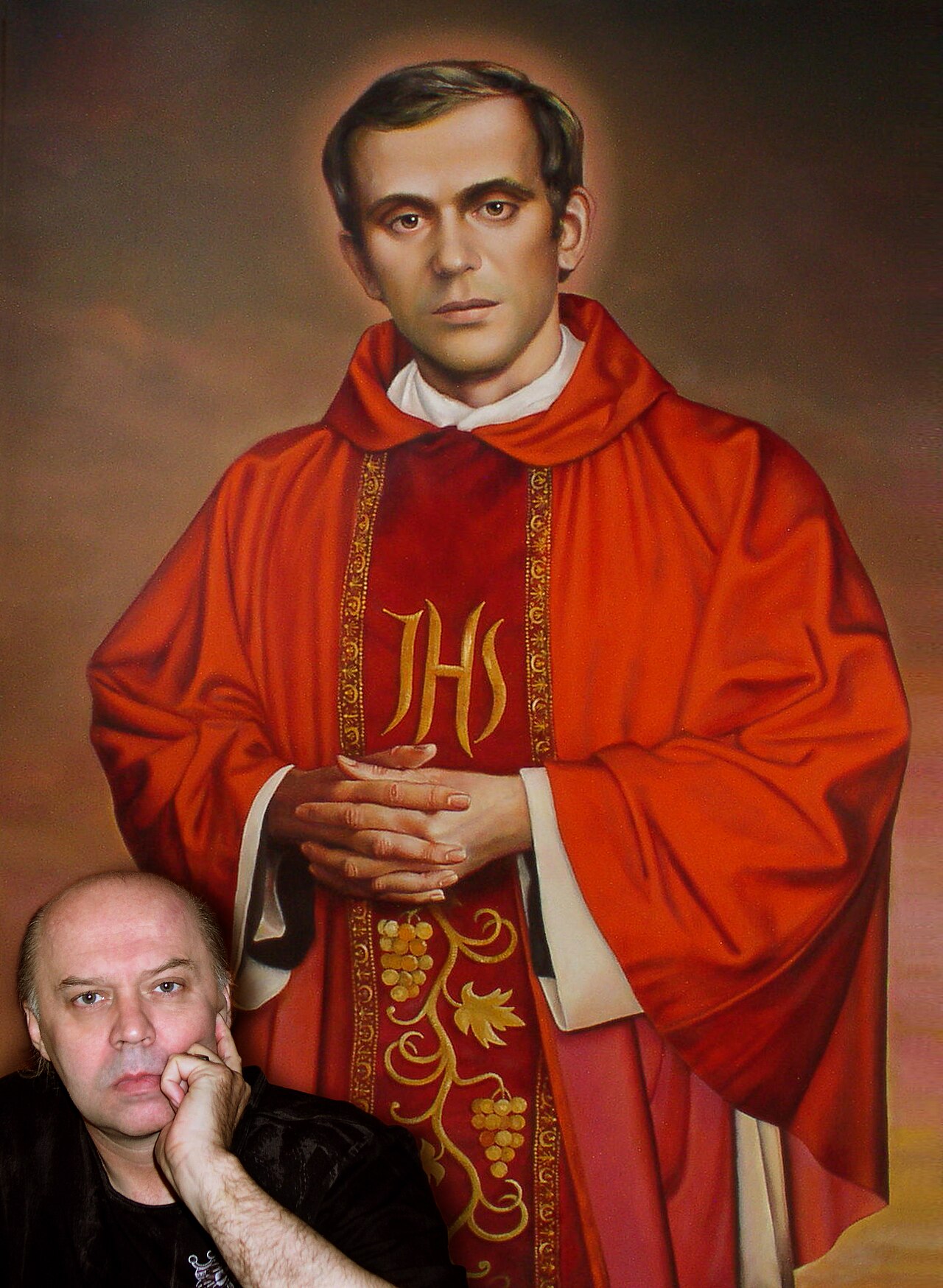 Large painting of Jerzy Popiełuszko in red vestments, with a seated man at lower left.