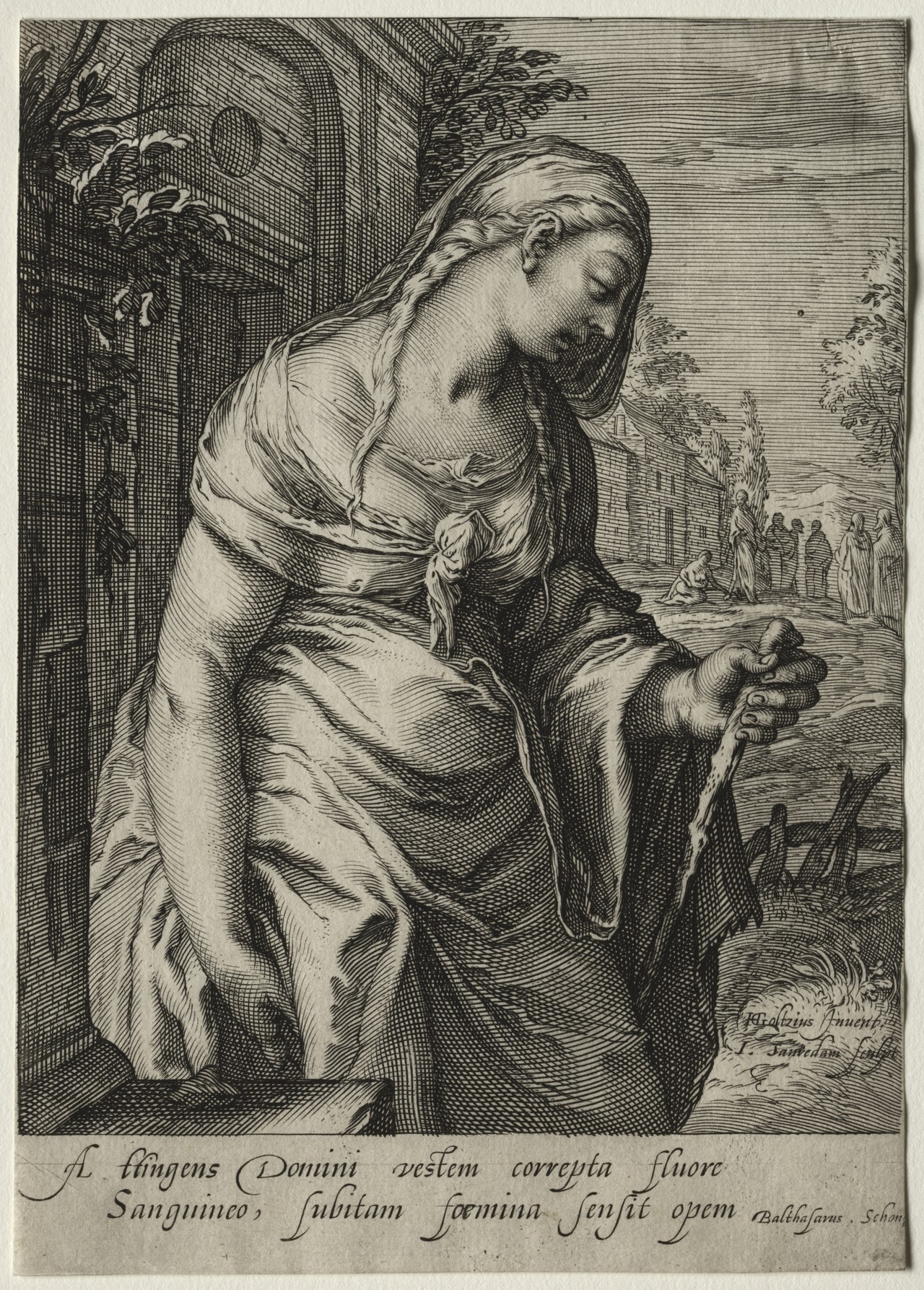 Saenredam engraving of a woman holding a staff, with her encounter with Jesus shown in the background.