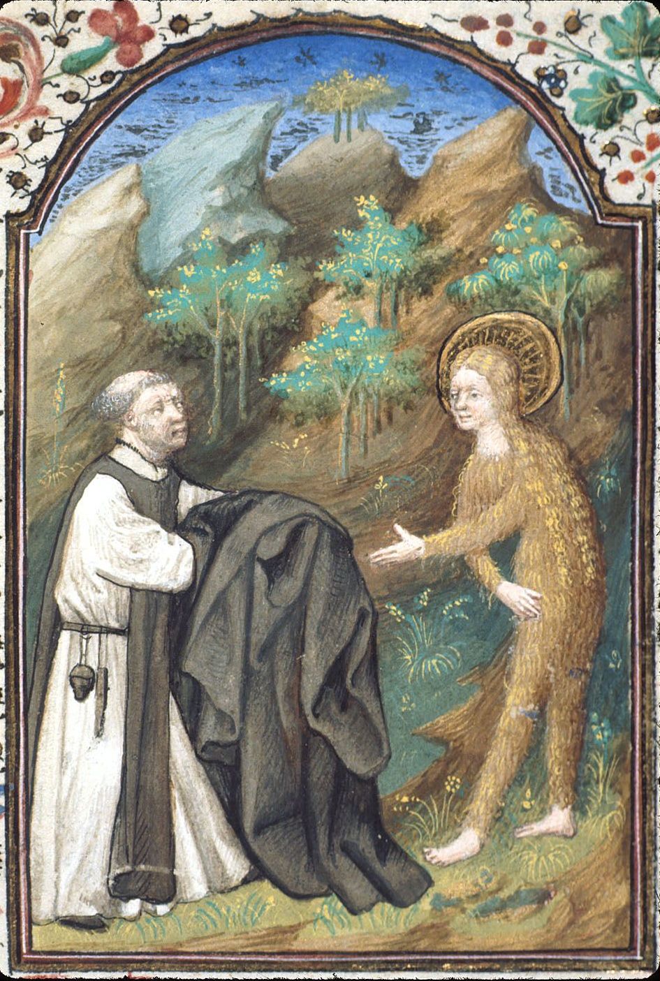 Medieval manuscript miniature of Mary of Egypt receiving a cloak from Zosimas, in the British Library
