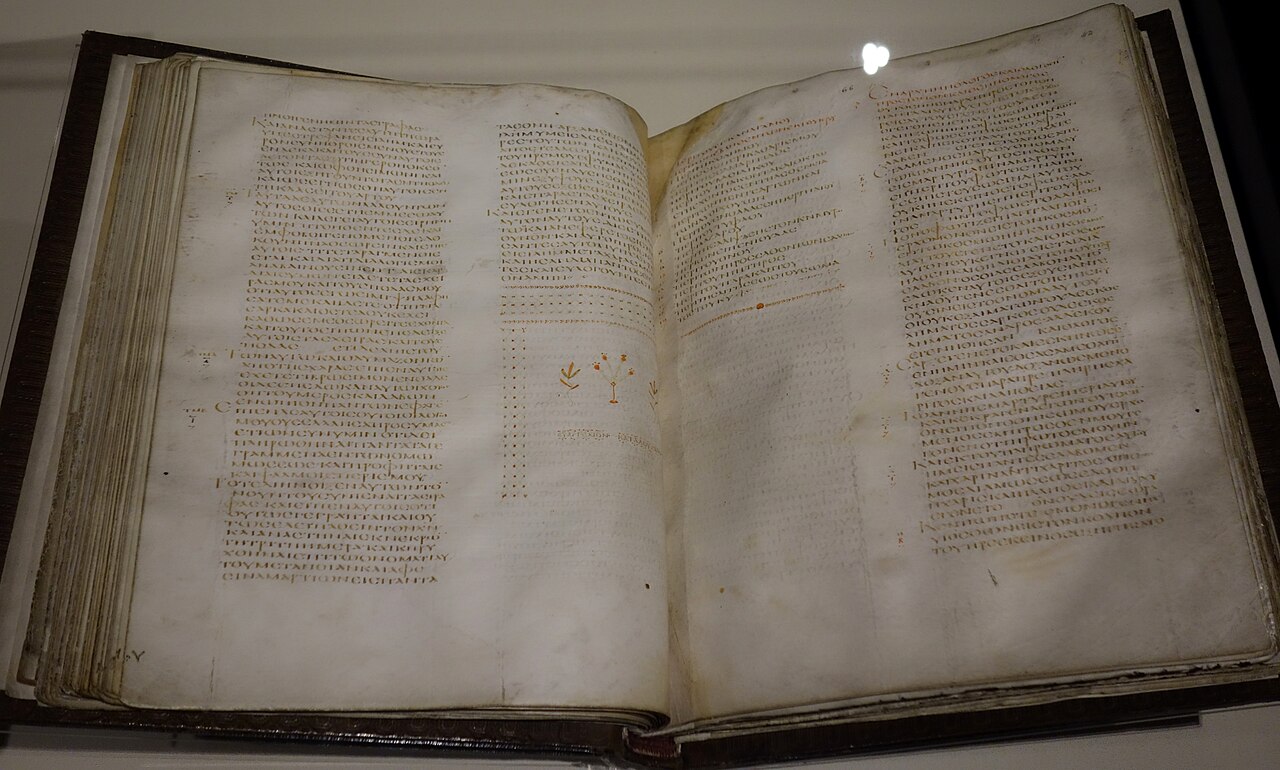 Open pages of Codex Alexandrinus in a British Library display.
