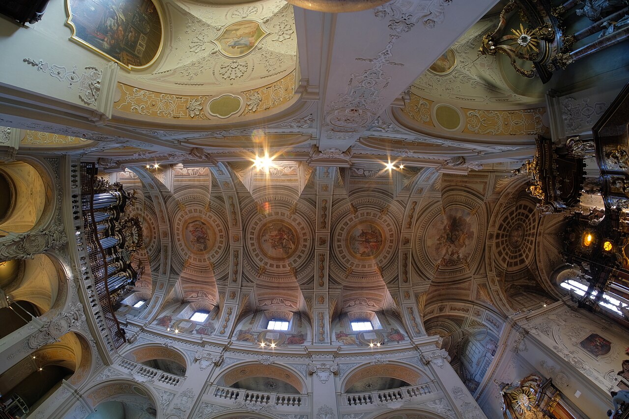 The decorated ceiling of the Basilica of Saint George in Walldürn