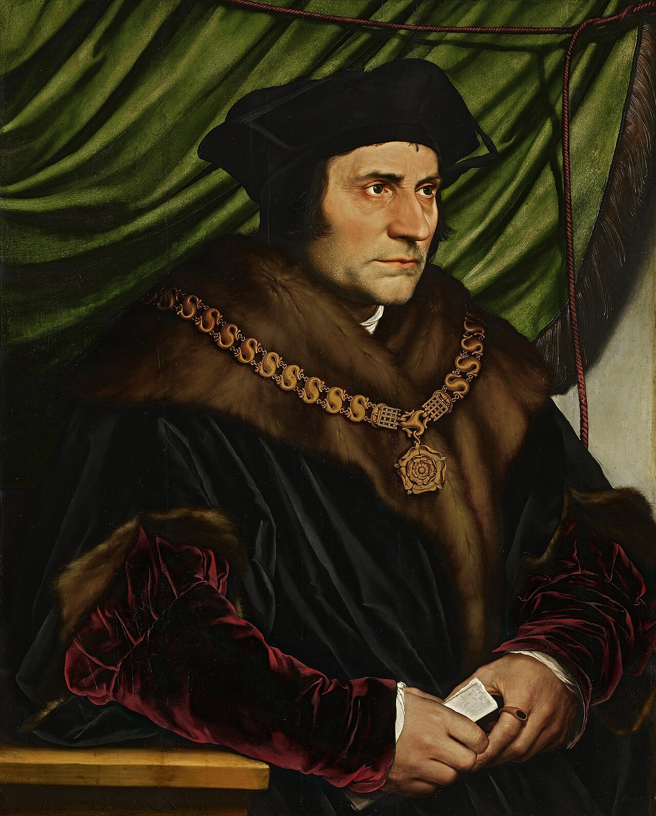 Hans Holbein the Younger’s portrait of Thomas More in a dark fur-trimmed coat.