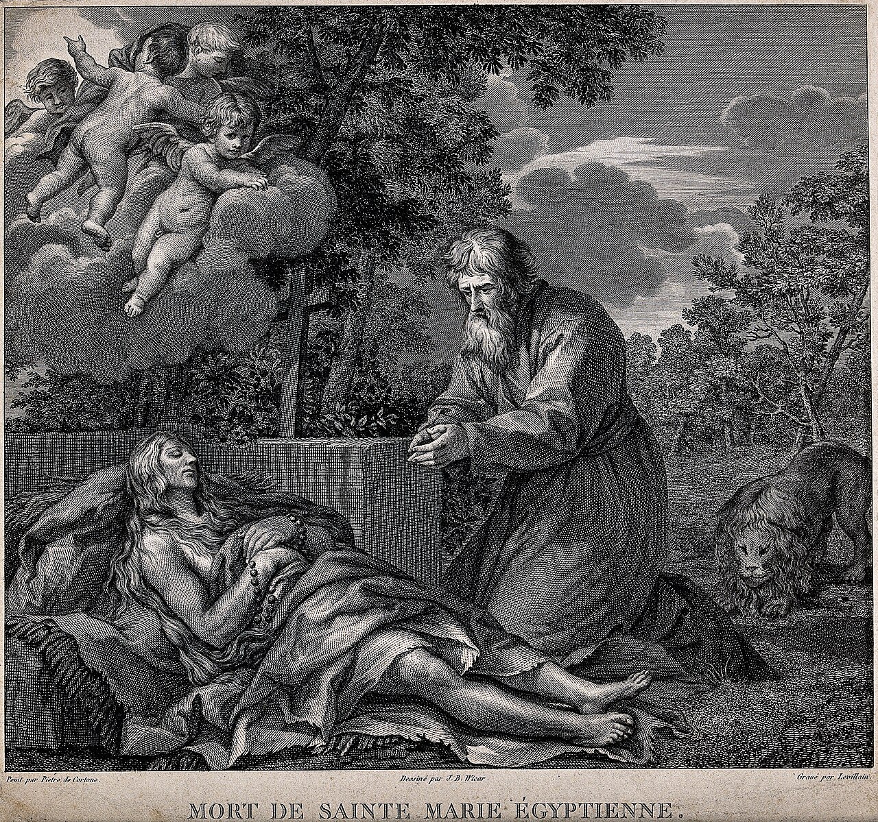 Saint Mary of Egypt: an etching by Gérard René Levillain after Jean-Baptiste Wicar after Pietro da Cortona, held by Wellcome Collection