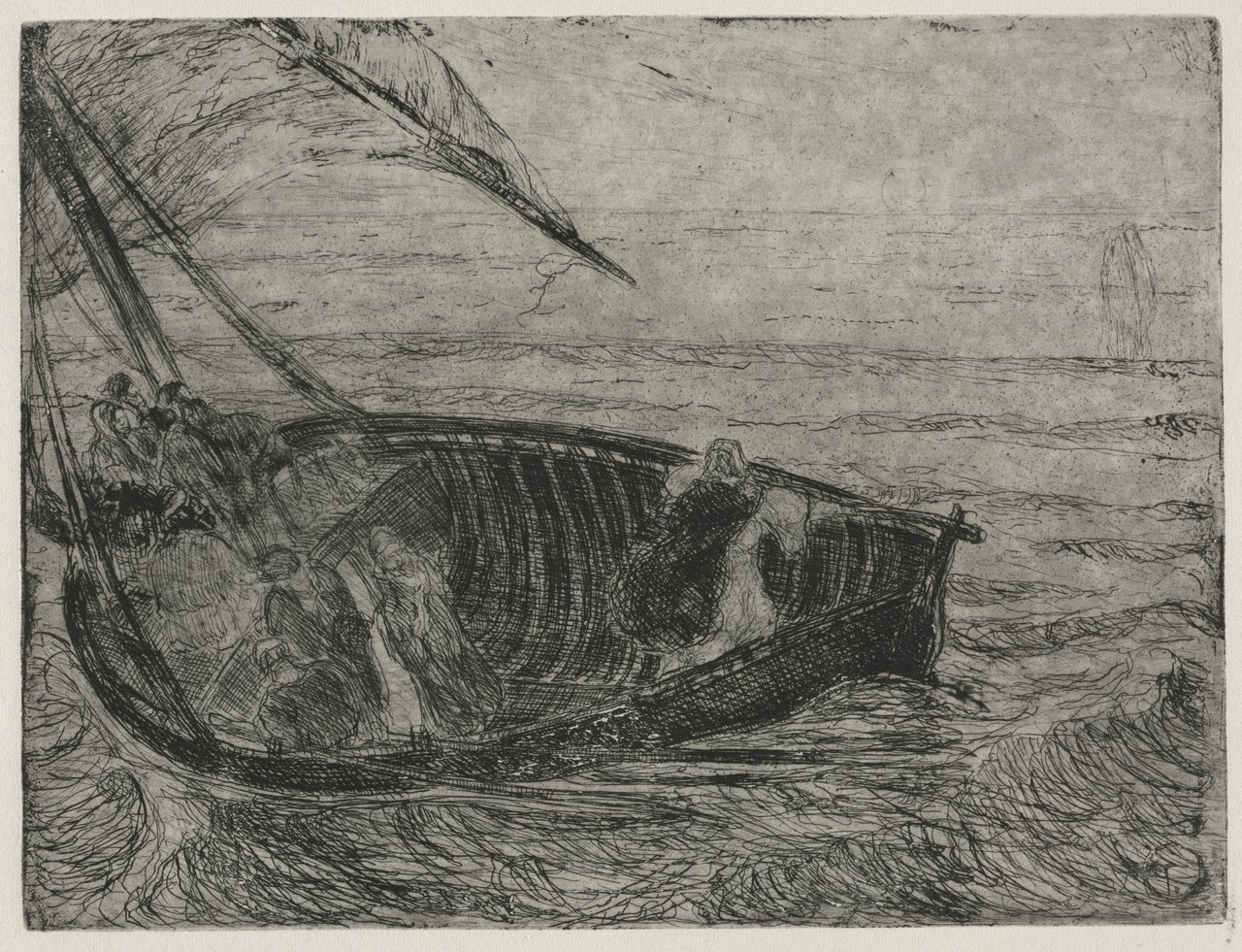 Tanner etching of a boat in rough water and a faint upright figure of Christ on the water at the right.