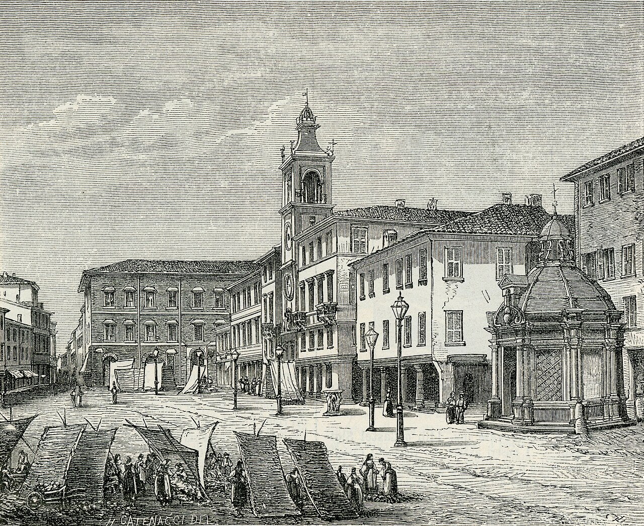 An engraving by Hercule Catenacci of Piazza Giulio Cesare and the Tempietto di Sant’Antonio in Rimini, published in a historic Italian geography volume