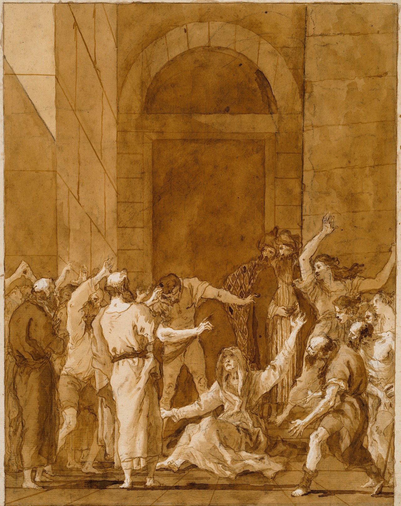 Tiepolo brown-wash drawing of Peter and a seated Tabitha surrounded by figures beneath a tall arch.