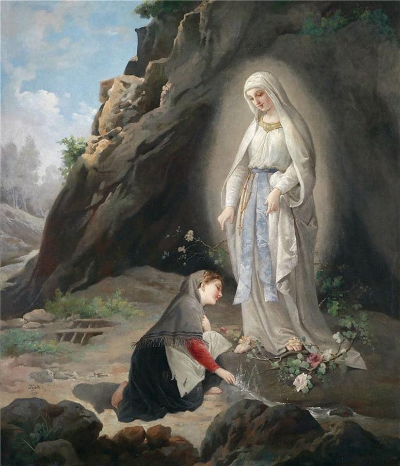 Painting of Bernadette kneeling before a white-clad figure near a rocky grotto