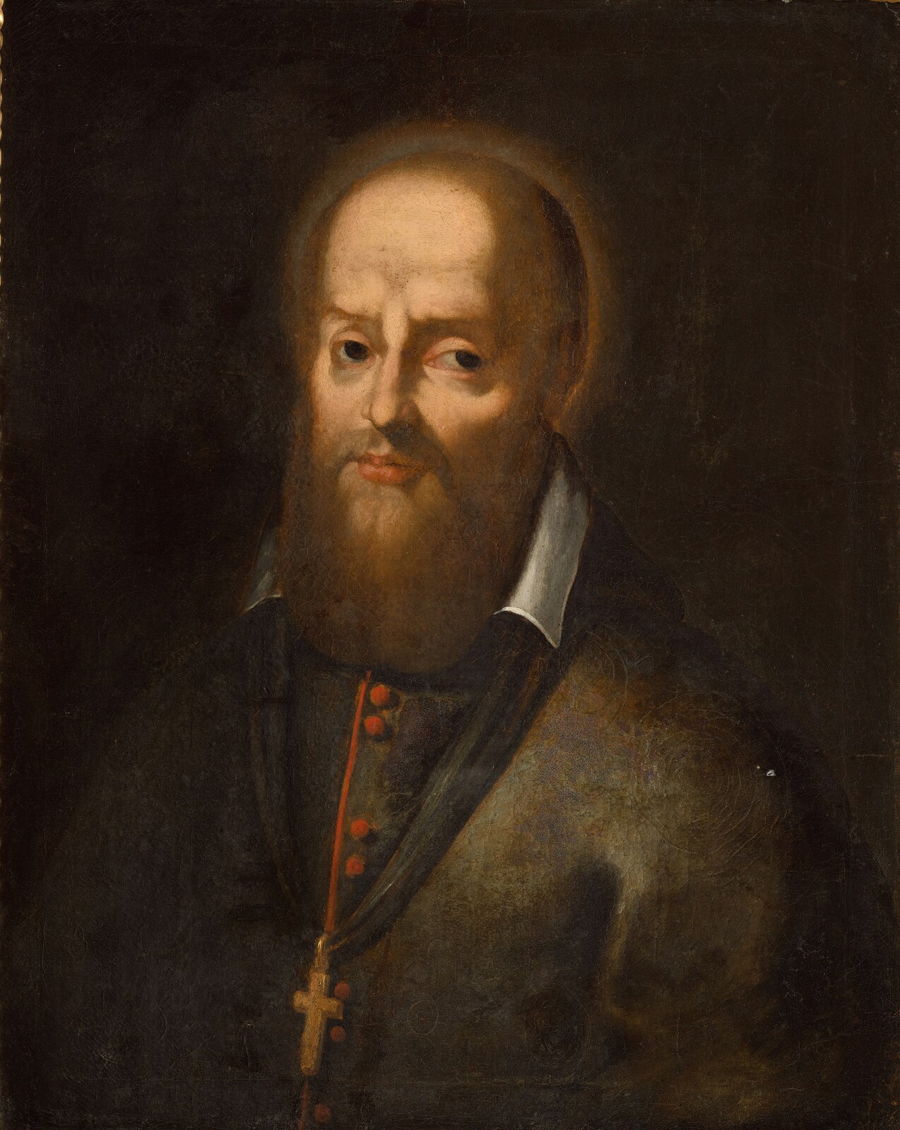 Painted bust portrait of Francis de Sales with a beard, black clerical robe, and pectoral cross